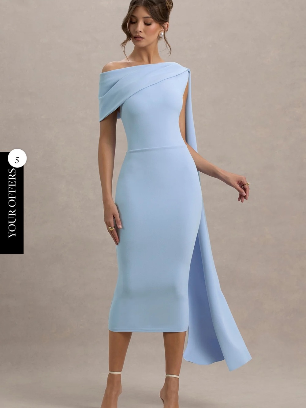 Club L London NIAMH Off-Shoulder Light Powder Blue Midi Dress with Drape
